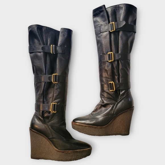 YSL Yves Saint Laurent Tall Black Leather Wedge Boots Vintage 90s Y2K - Picture 1 of 16
